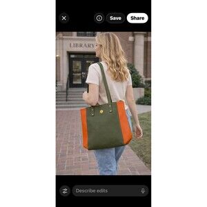 Joy Mangano Leather Tote Colorblock RFID Pocket Olive Orange Lg Shoulder Zip Bag